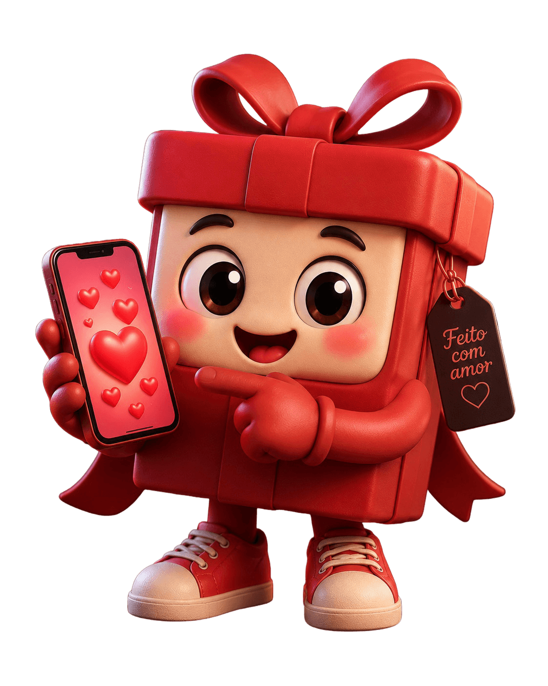 Reavy — mascote oficial da Reavy Box, segurando um celular com a página do presente